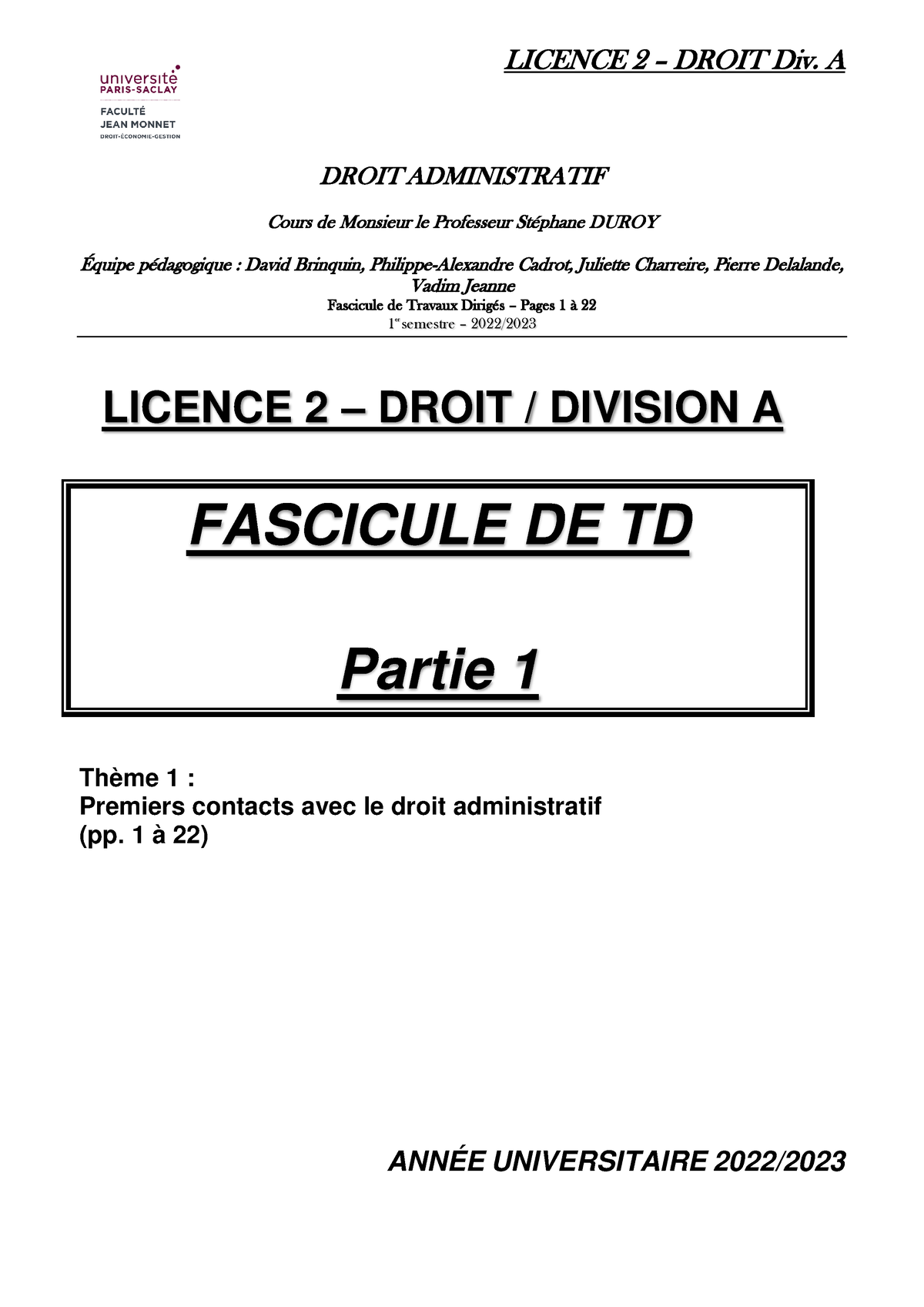 1b Fasc TD Admin L2 Sem1 Div.A 2022-2023 Thème 1 - LICENCE 2 – DROIT ...