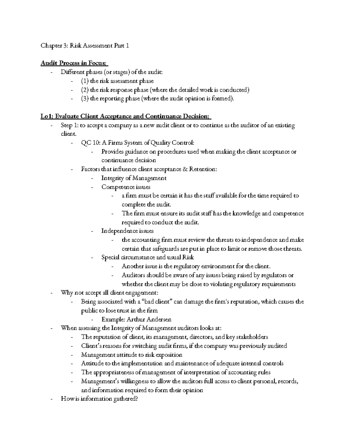 Chapter 3- Textbook Notes - Chapter 3: Risk Assessment Part 1 Audit ...