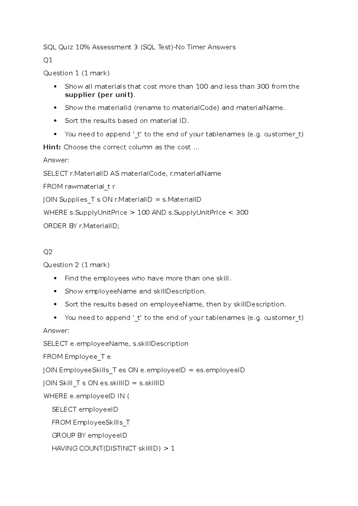 SQL Quiz 10% Assessment 3 (SQL Test)-No Timer Answers - Show the ...