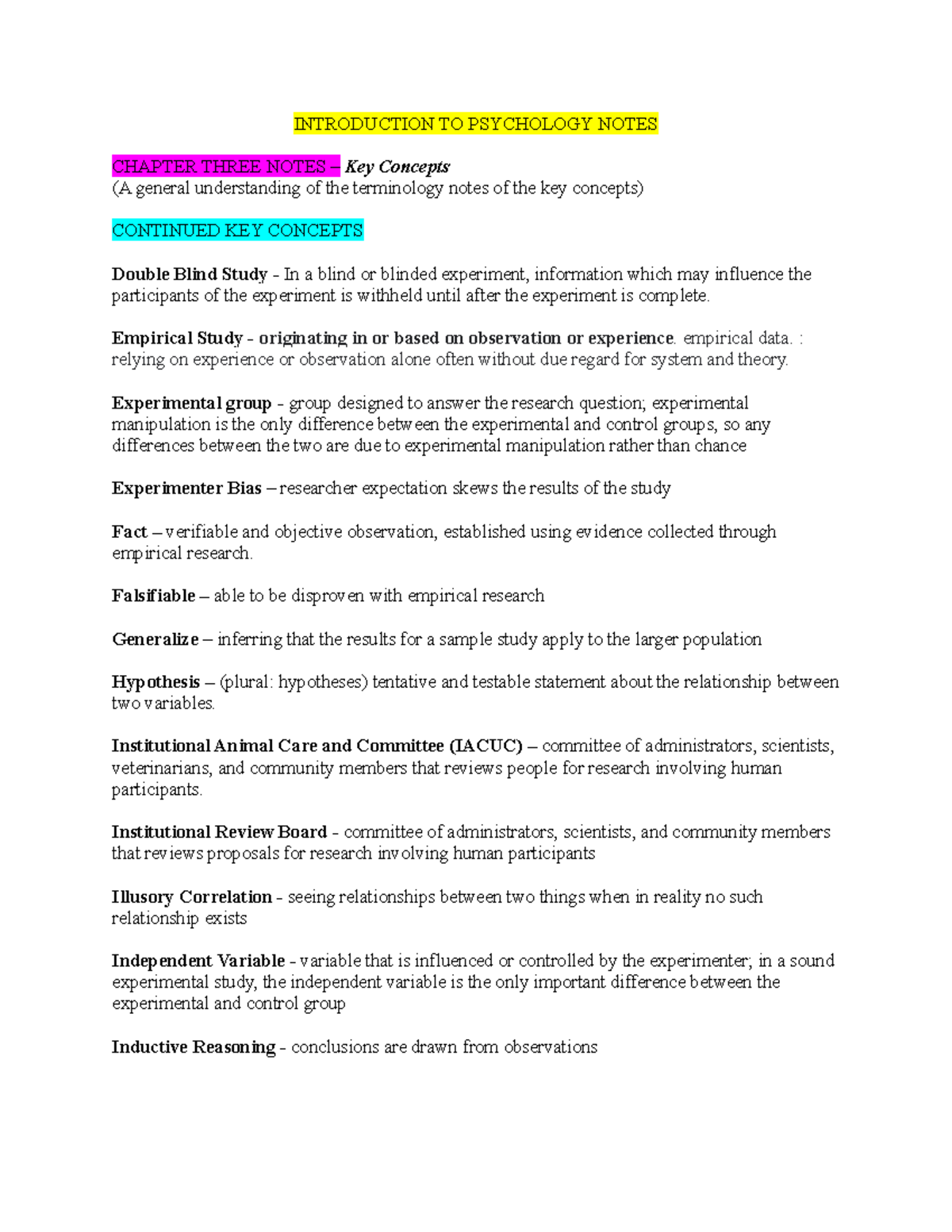 KEY Concepts Psychology 1 - INTRODUCTION TO PSYCHOLOGY NOTES CHAPTER ...