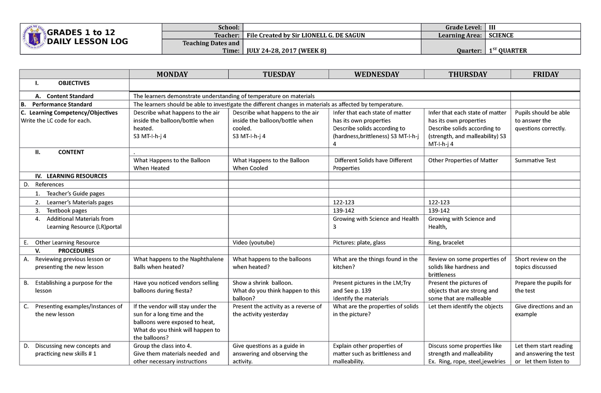 Grade 3 DLL Science 3 Q1 Week 8 - GRADES 1 to 12 DAILY LESSON LOG ...