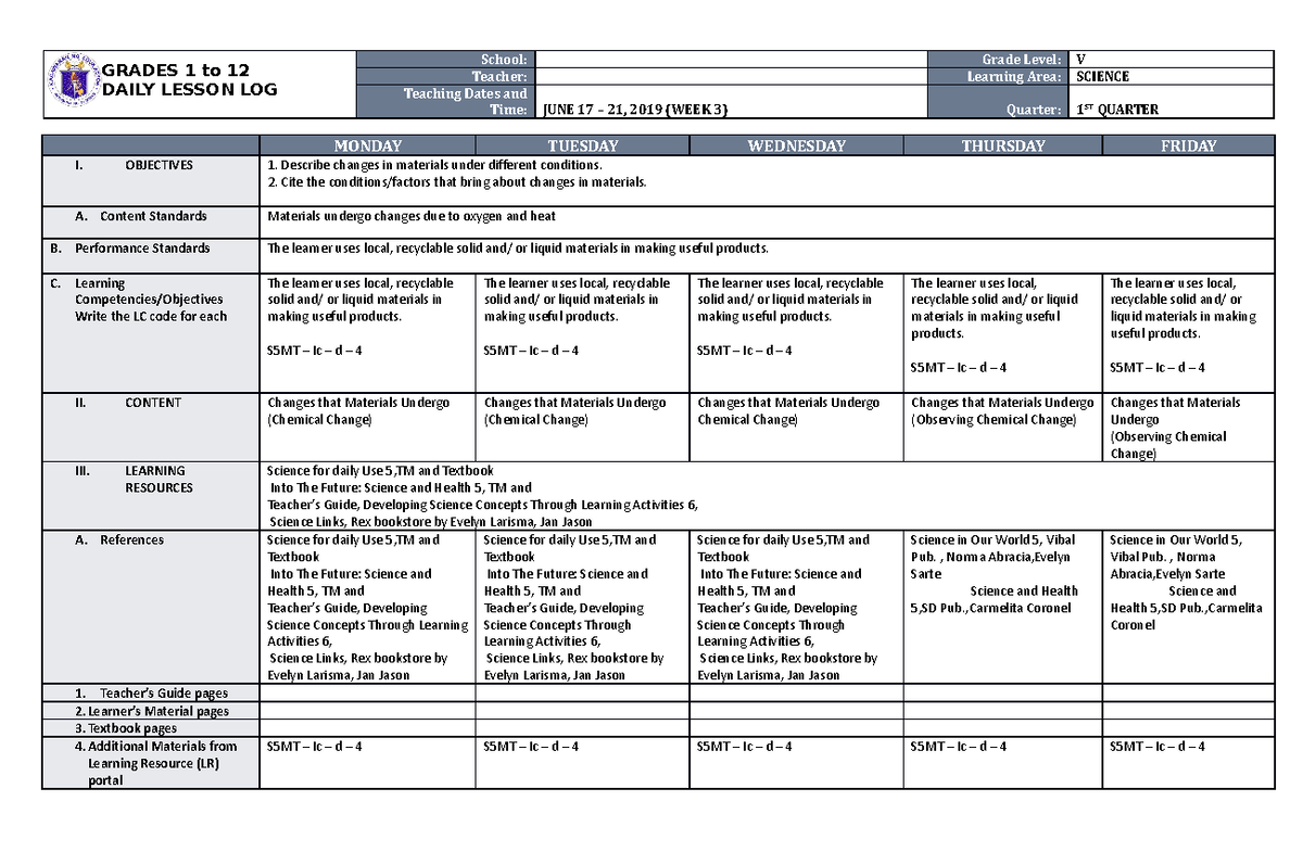 Dll Science 5 Q1 W3 - Asfwef - Grades 1 To 12 Daily Lesson Log School 