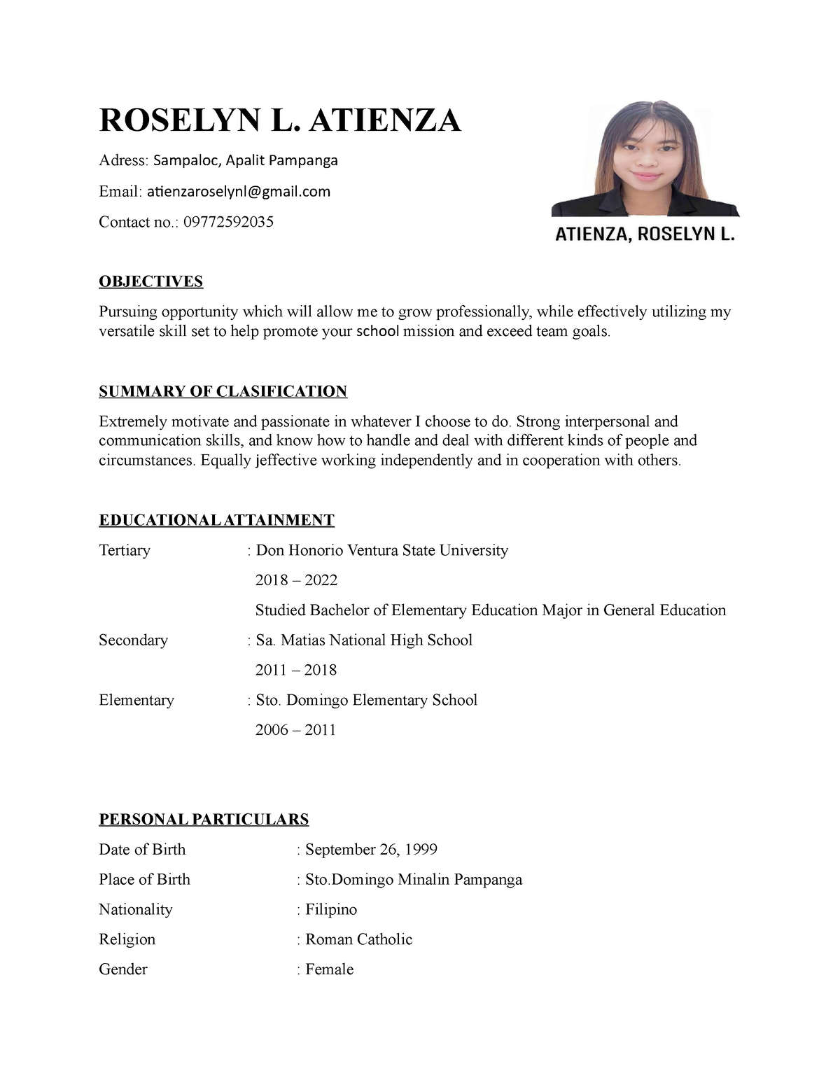 Resume-Roselyn-L - Non - ROSELYN L. ATIENZA Adress: Sampaloc, Apalit ...