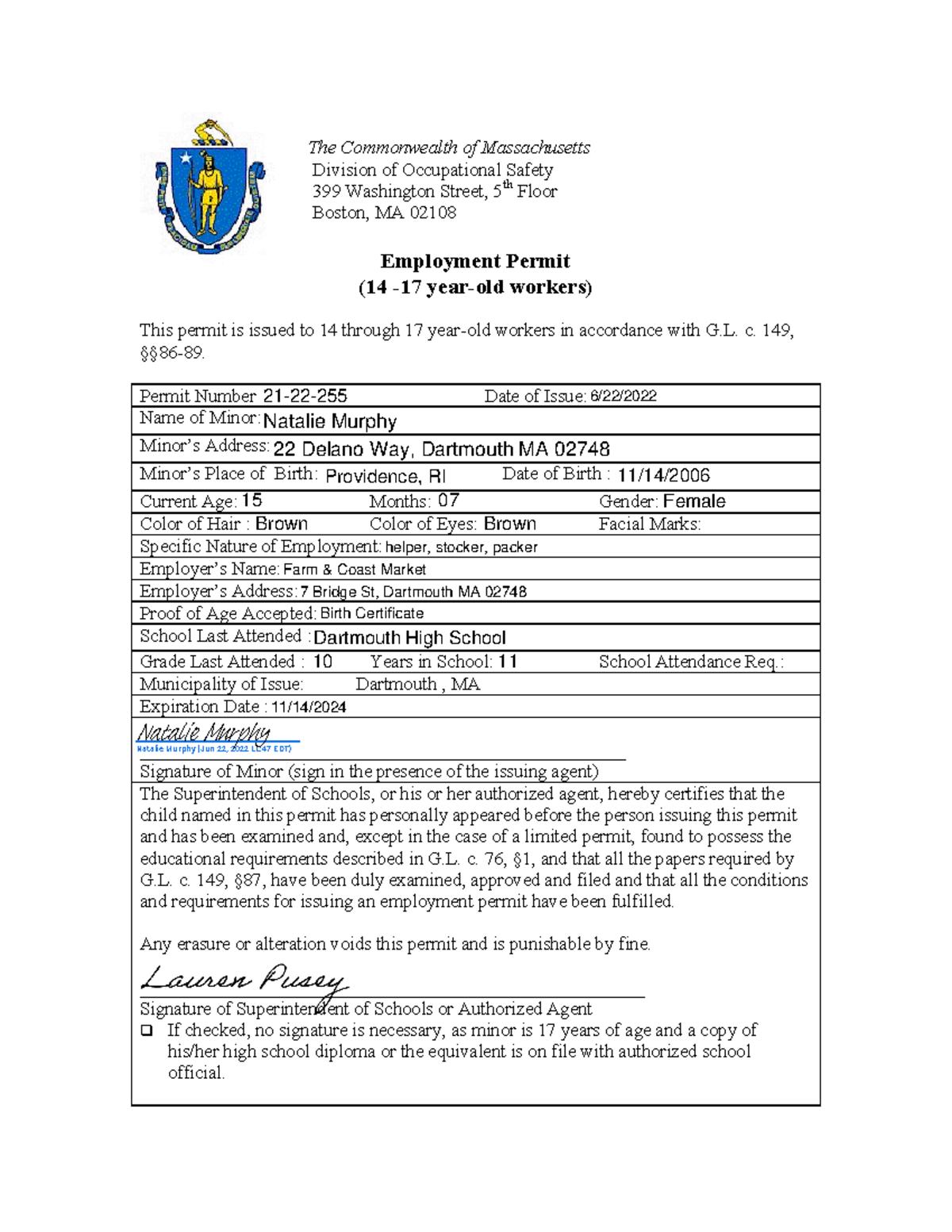 Work permit for esignature The Commonwealth of Massachusetts