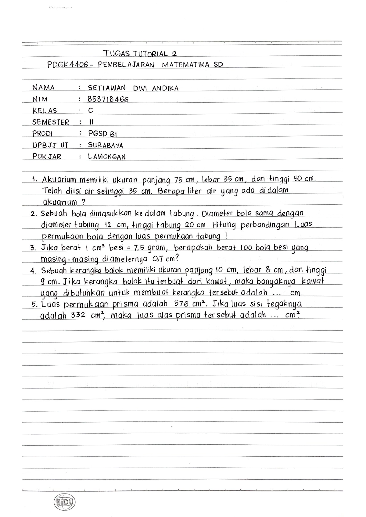 Tugas Tutorial PDGK4406 Matematika - Setiawan Dwi Andika - Pembelajaran ...