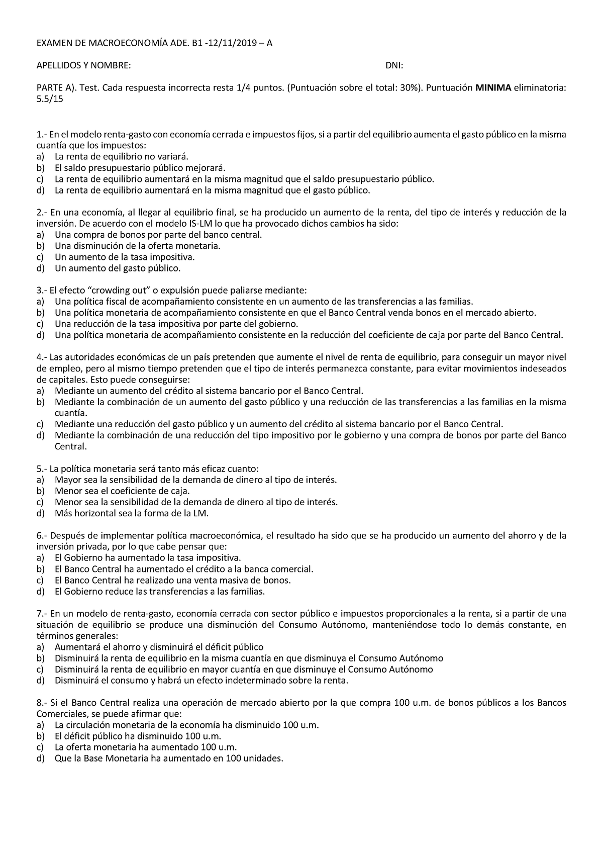 Examen B1 2019 1112 B - Control Macroeconomía - EXAMEN DE MACROECONOMÍA ...