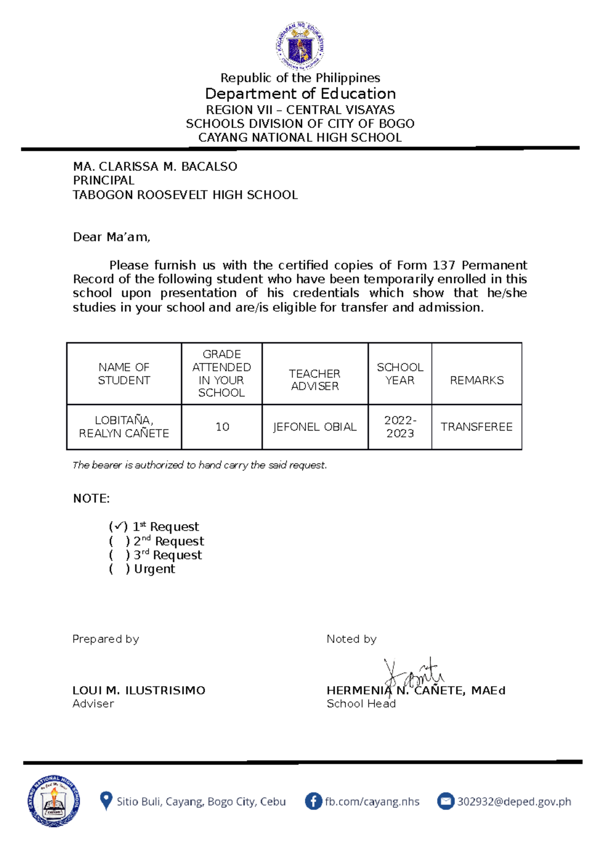 Request Letter SF10 SNHDS Republic Of The Philippines Department Of Education REGION VII 