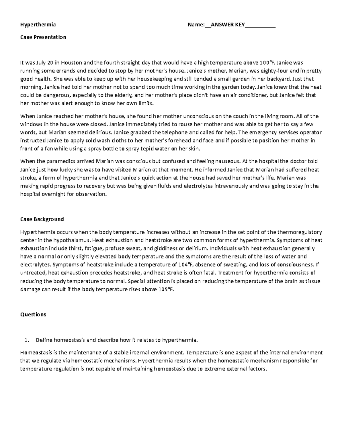 a case study on homeostasis hyperthermia answers