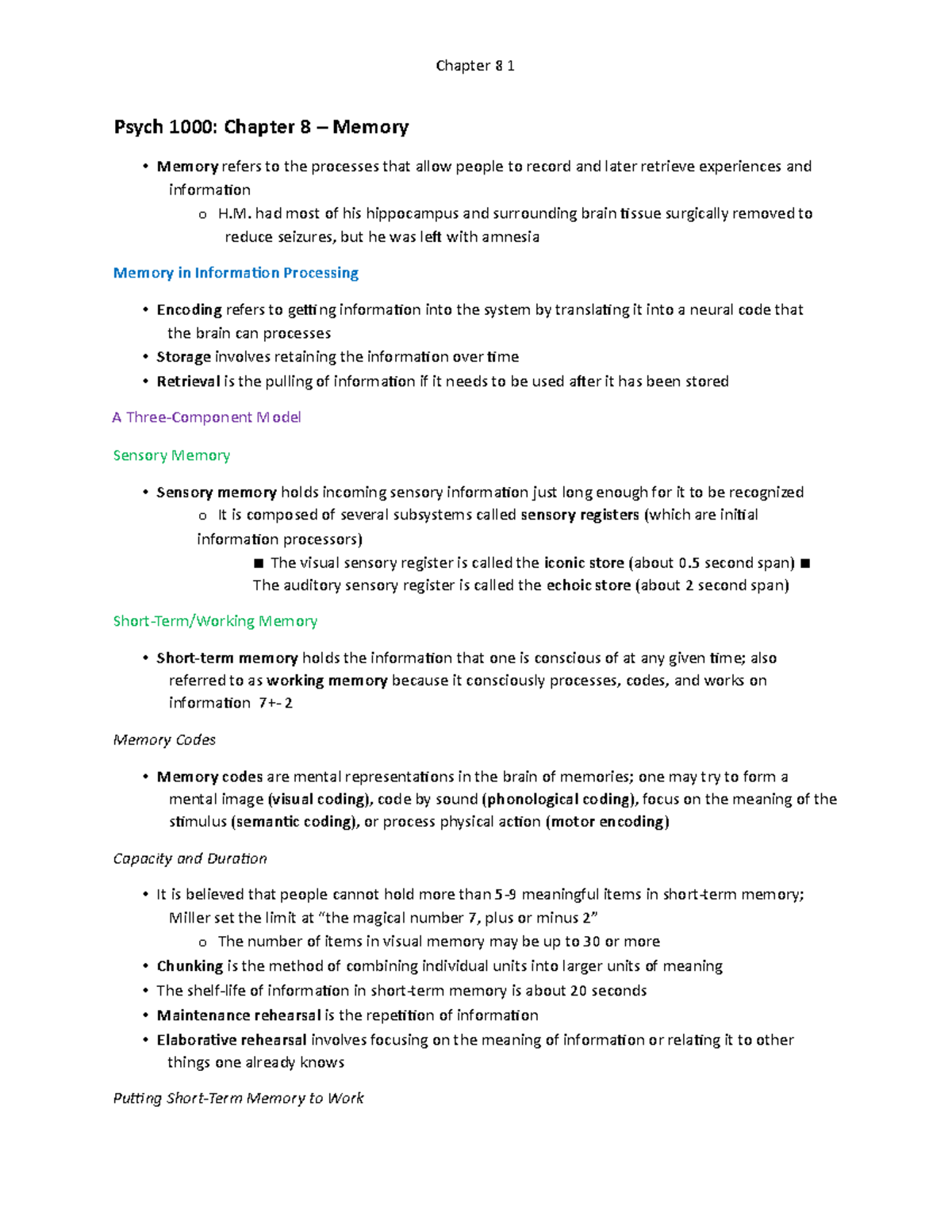 Chapter 8- Memory - Chapter 8 1 Psych 1000: Chapter 8 – Memory ∙ Memory ...