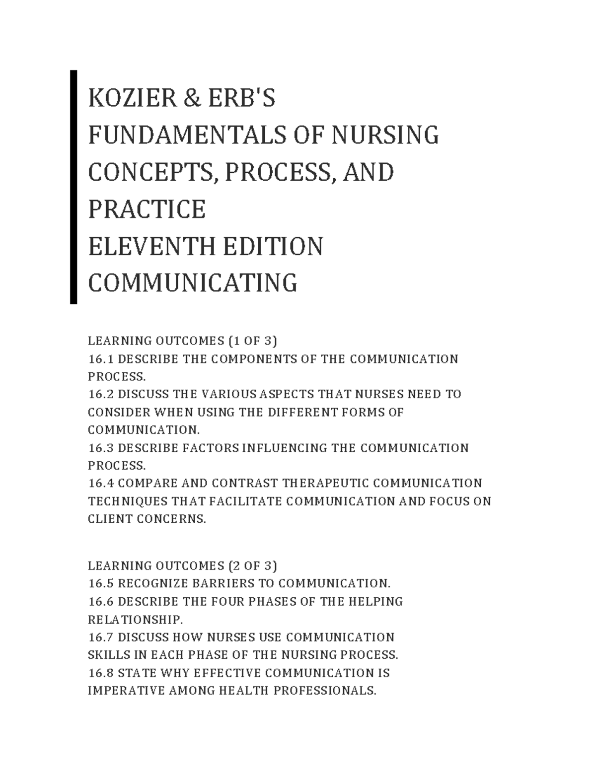 Communication Outline - KOZIER & ERB'S FUNDAMENTALS OF NURSING CONCEPTS ...