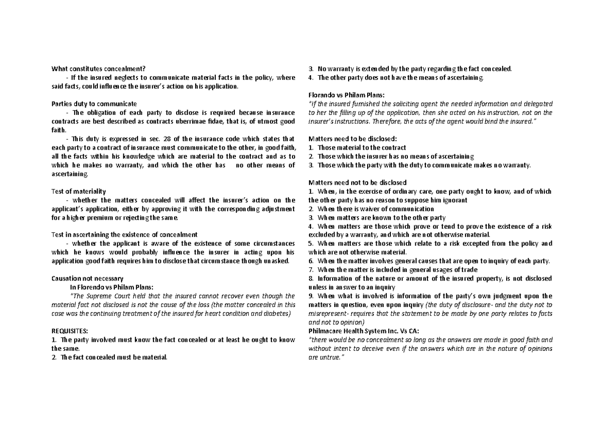 Insurance Notes ON Concealment What constitutes concealment? If the