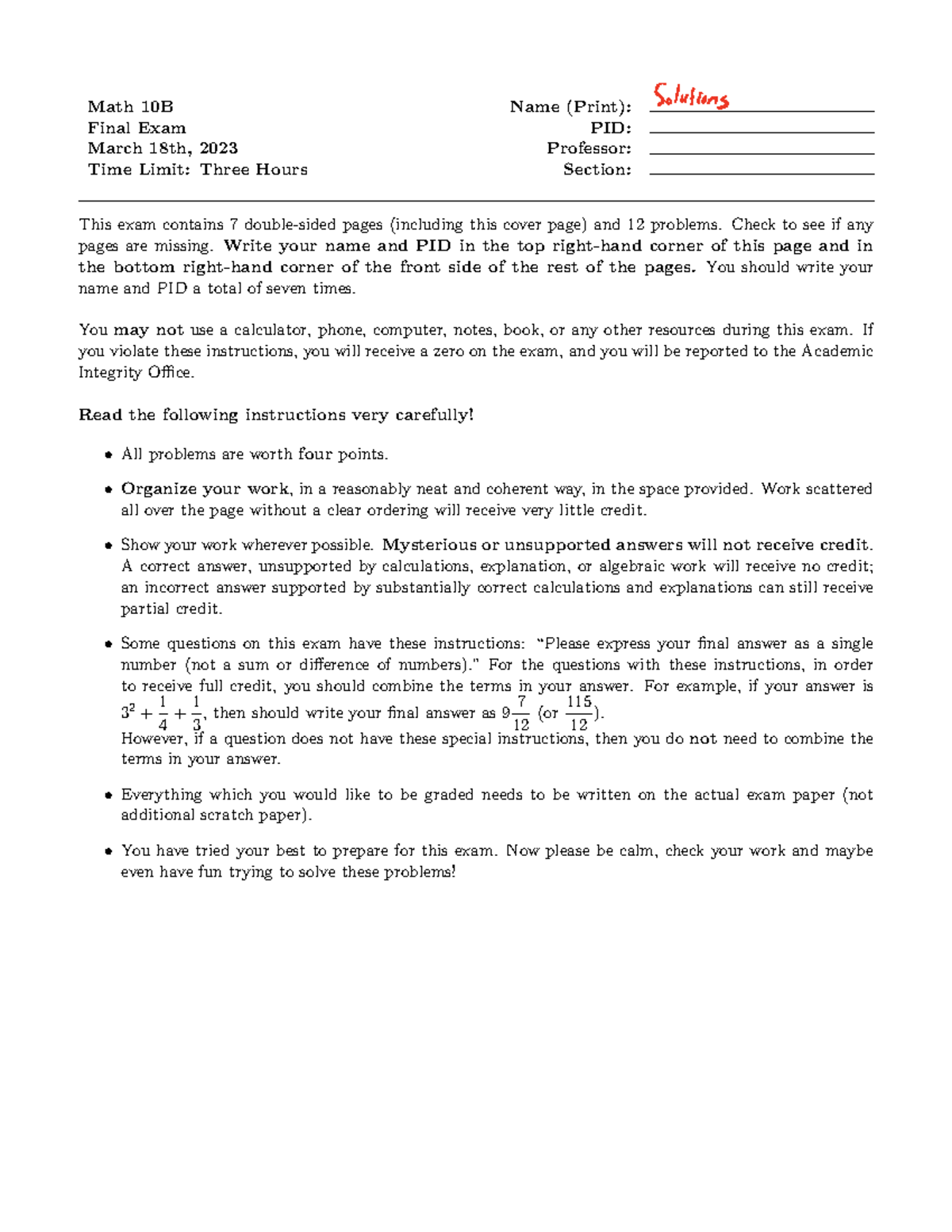 Math 10 B Finals Solution Ver 2 - Math 10B Name (Print): Final Exam PID ...