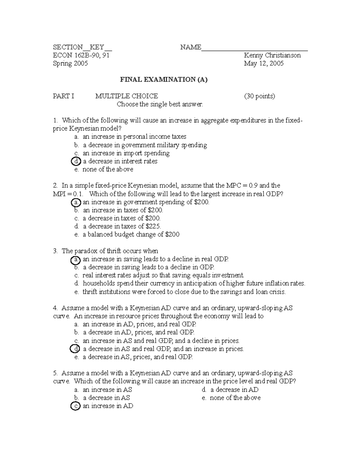 Final spring 05 answers - ECON 162 - Econ 162 - BU - Studocu