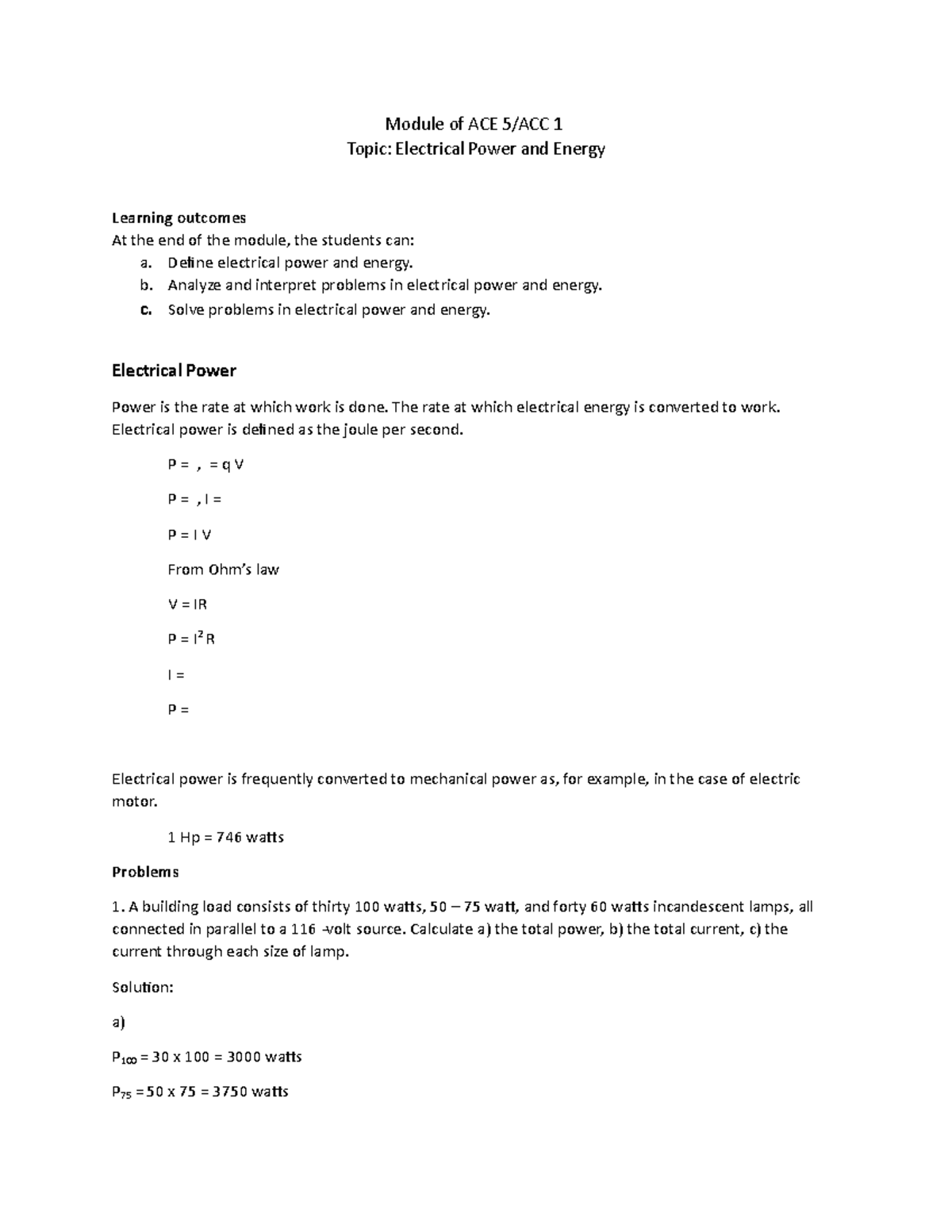 Electrical Power and Energy Module of ACE 5/ACC 1 Topic Electrical