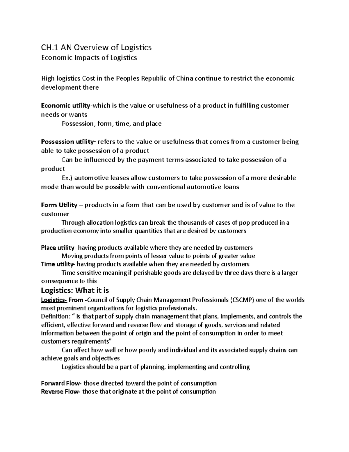 Ch 1&2 Notes - CH AN Overview Of Logistics Economic Impacts Of ...