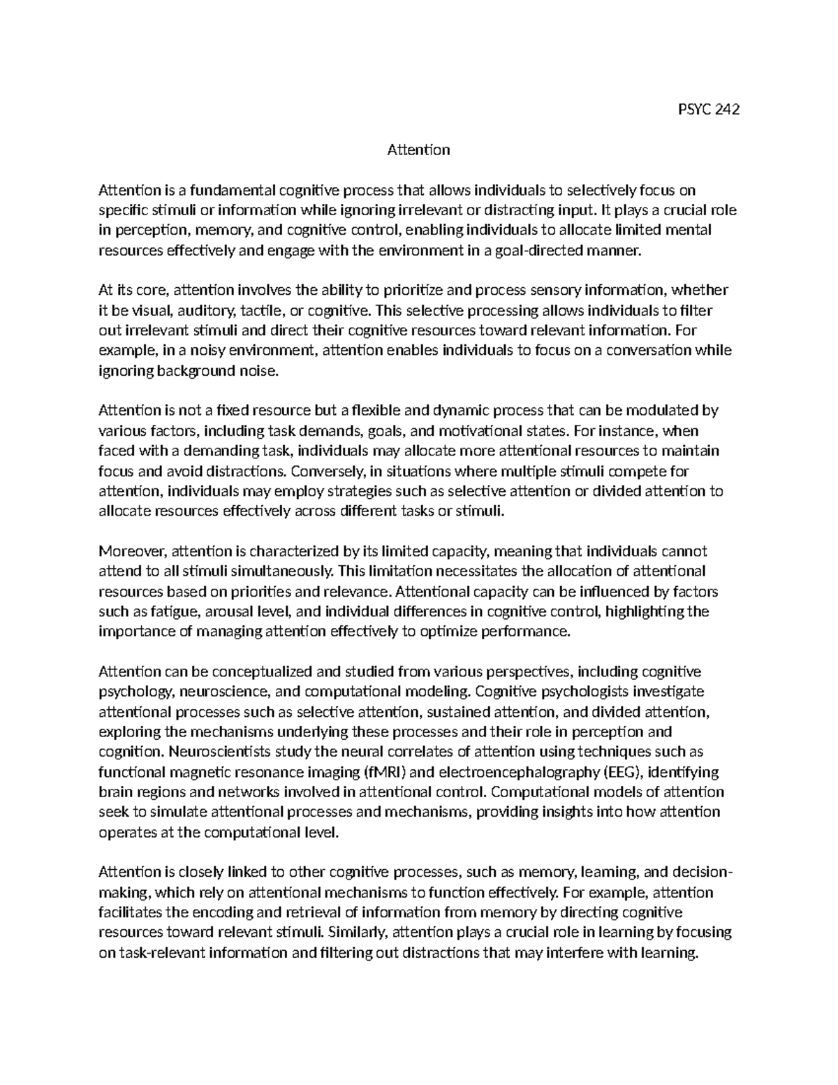 PSYC 242 - Attention - PSYC 242 Attention Attention is a fundamental ...