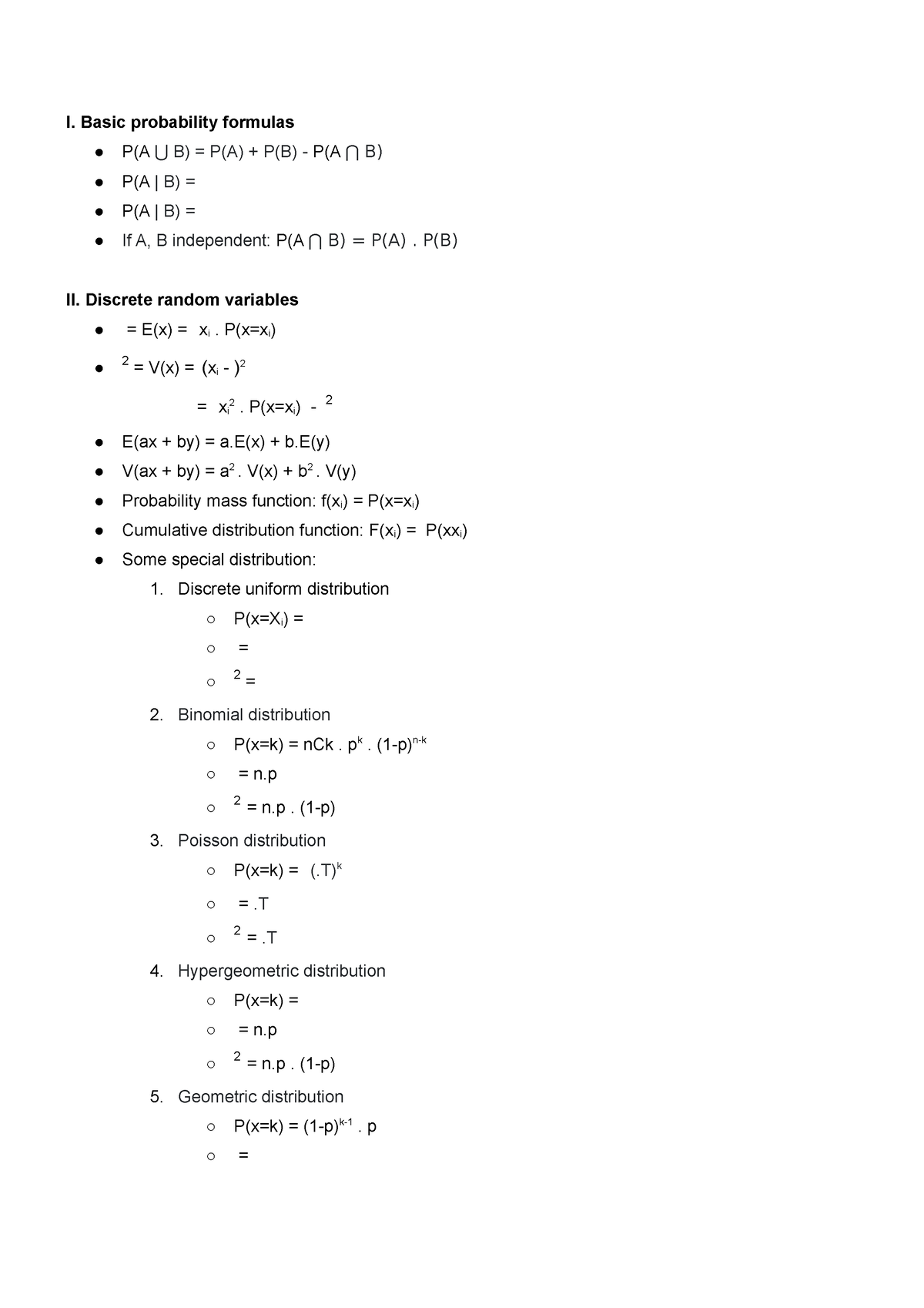 Summary Cong Thuc MAS291 - I. Basic Probability Formulas P(A ⋃ B) = P(A ...