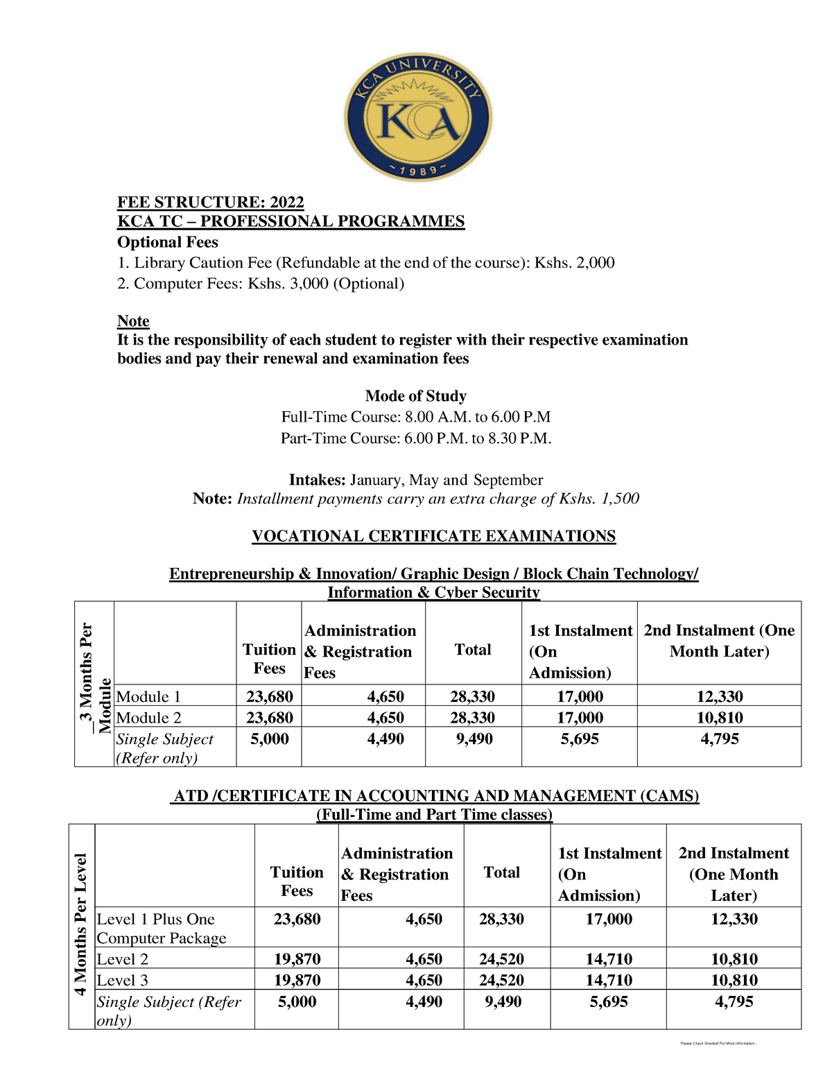 Kcatc Kasneb FEE Structure REV DEC 2021 1 FEE STRUCTURE 2022 KCA TC PROFESSIONAL PROGRAMMES