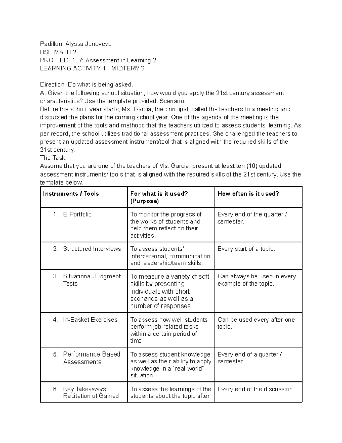 LA 1 Assessment Learning 2 1 - Padillon, Alyssa Jeneveve BSE MATH 2 ...