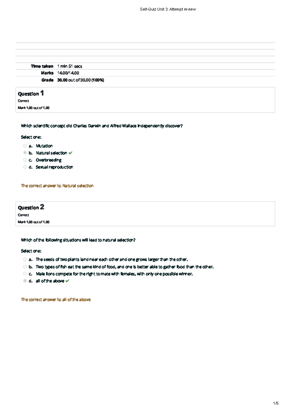 Self-Quiz Unit 3 Attempt review - Time taken 1 min 51 secs Marks 14/14 ...