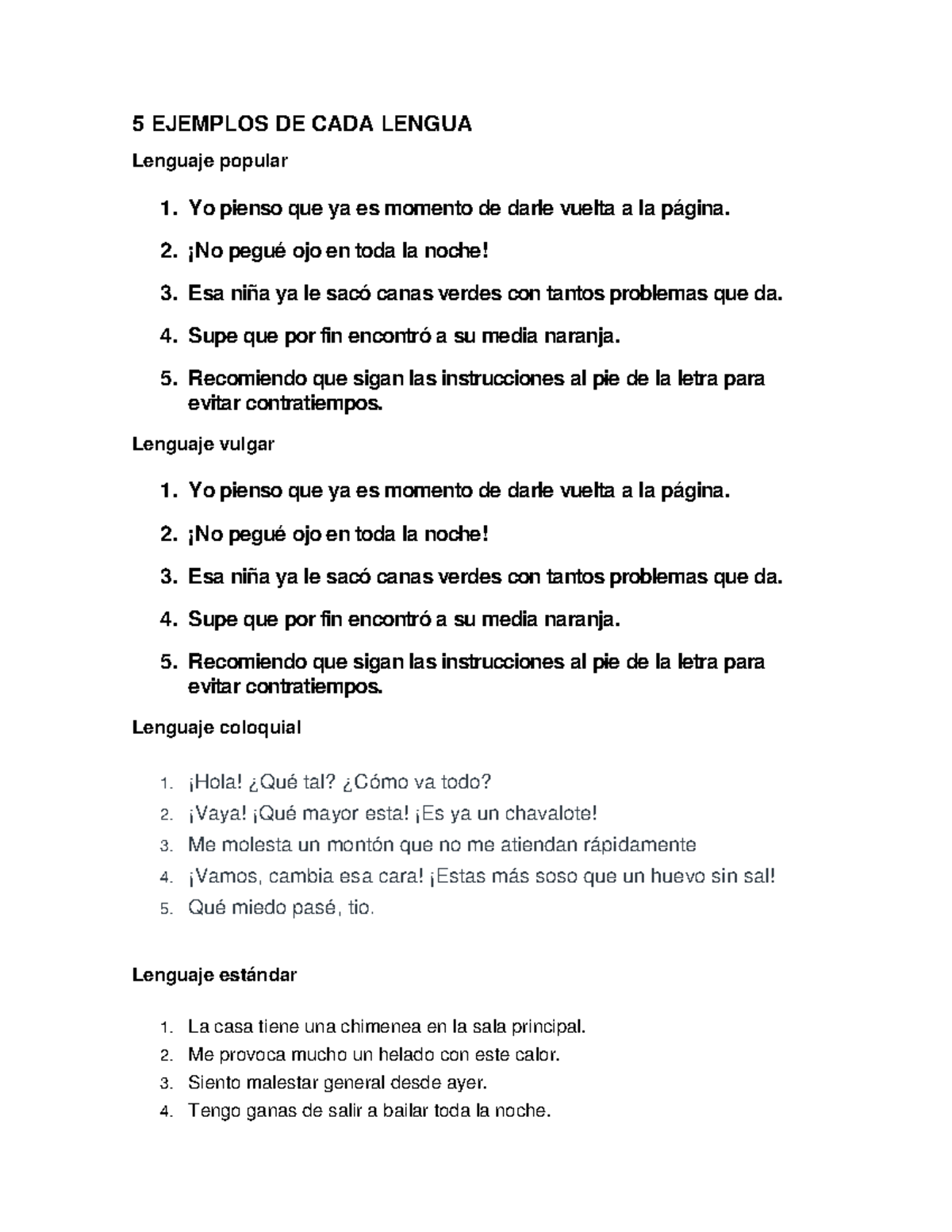 5 Ejemplos DE CADA Lengua - 5 EJEMPLOS DE CADA LENGUA Lenguaje Popular ...