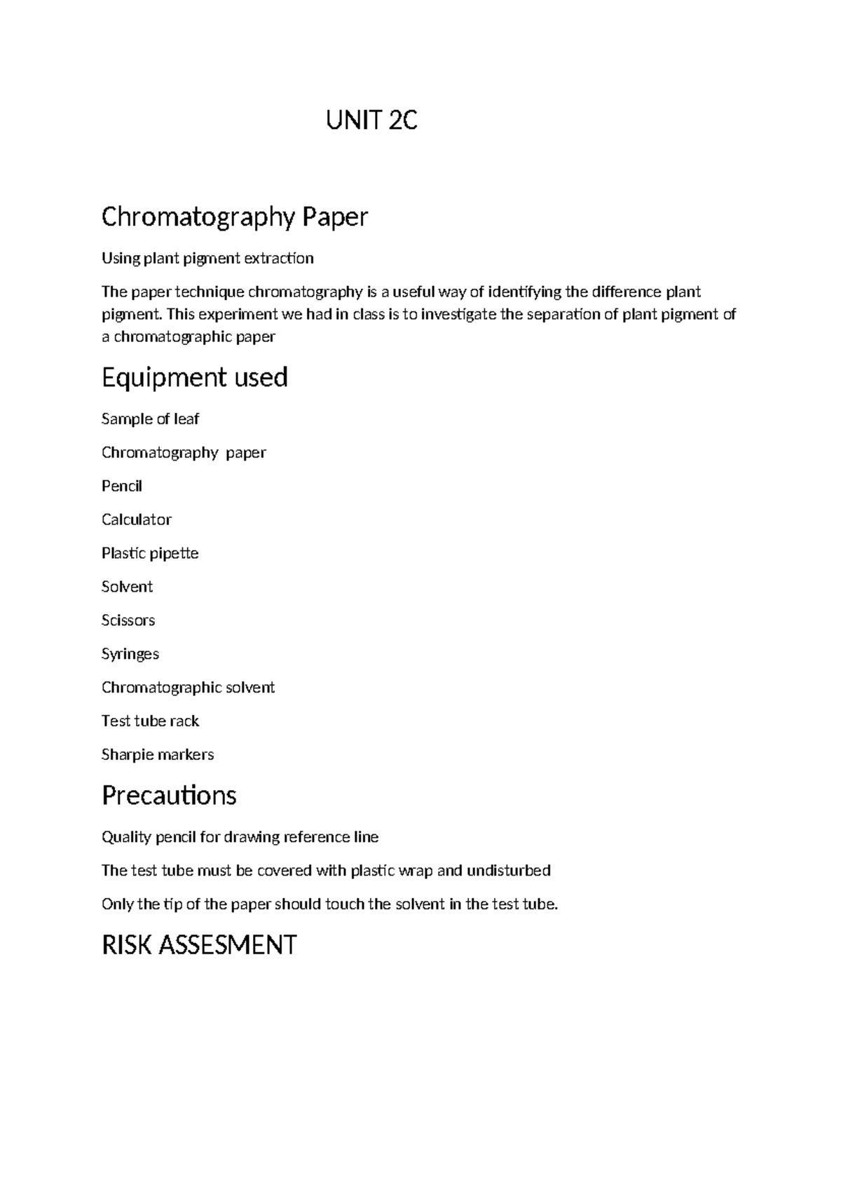 unit 2c chromatography practicals - UNIT 2C Chromatography Paper Using ...