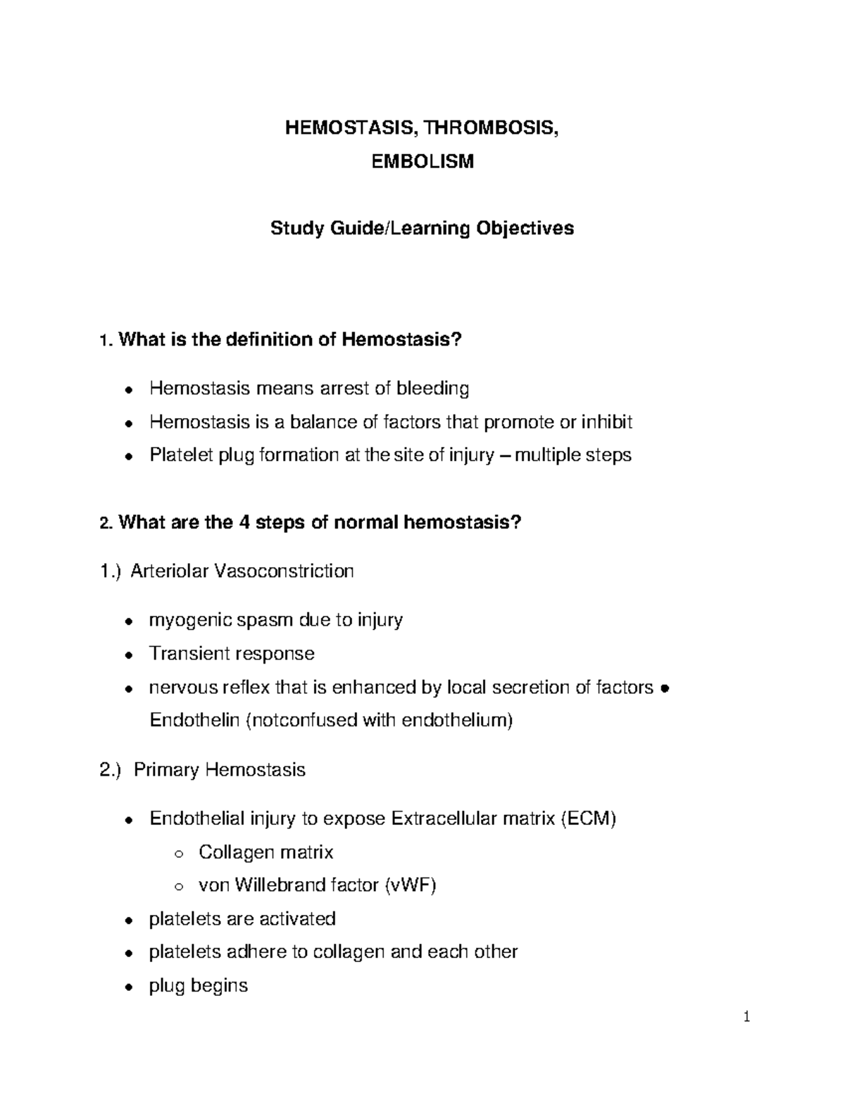 Hemostasis Thrombosis Embolism Guide - HEMOSTASIS, THROMBOSIS, EMBOLISM ...