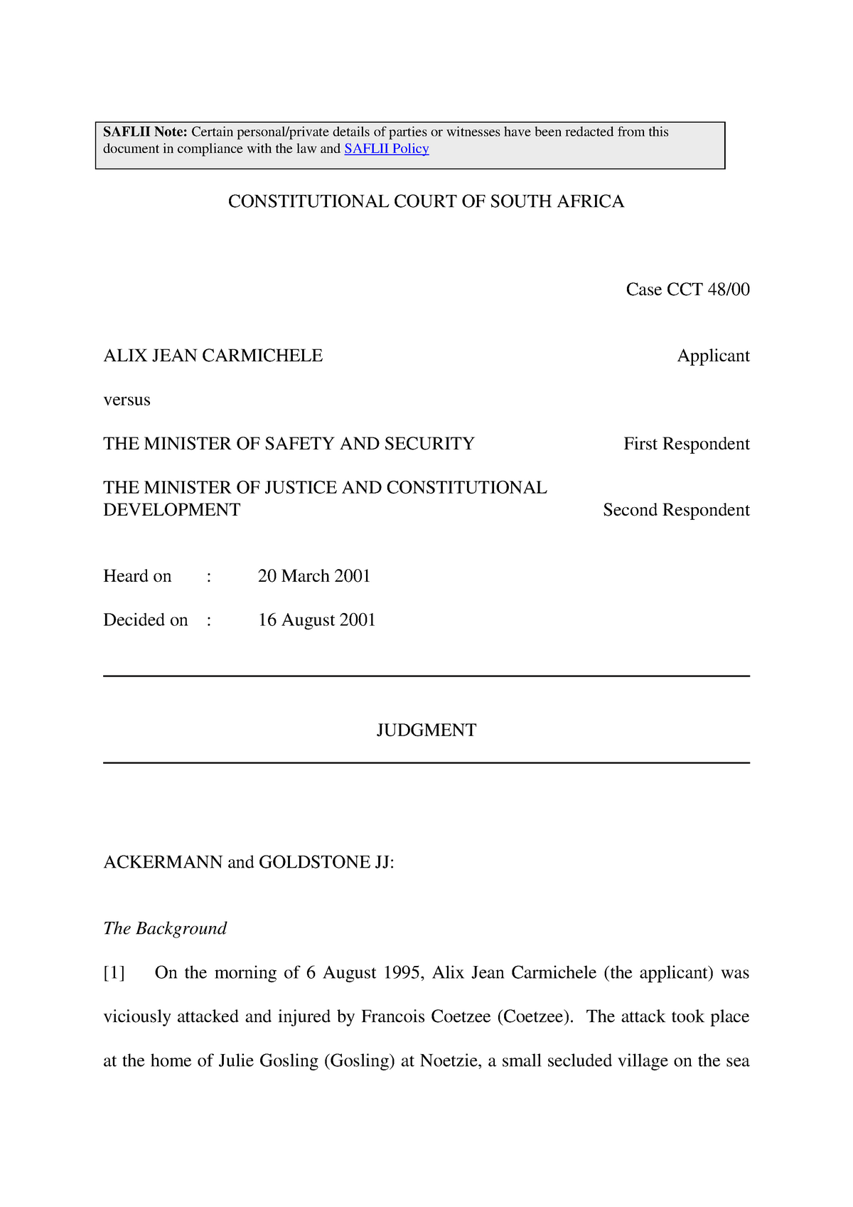 Carmichele CASE - Case - SAFLII Note: document in compliance with the ...