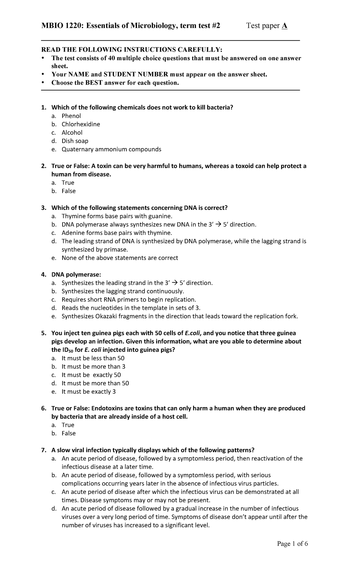 Test 2 2017, questions - MBIO 1220: Essentials of Microbiology, term ...