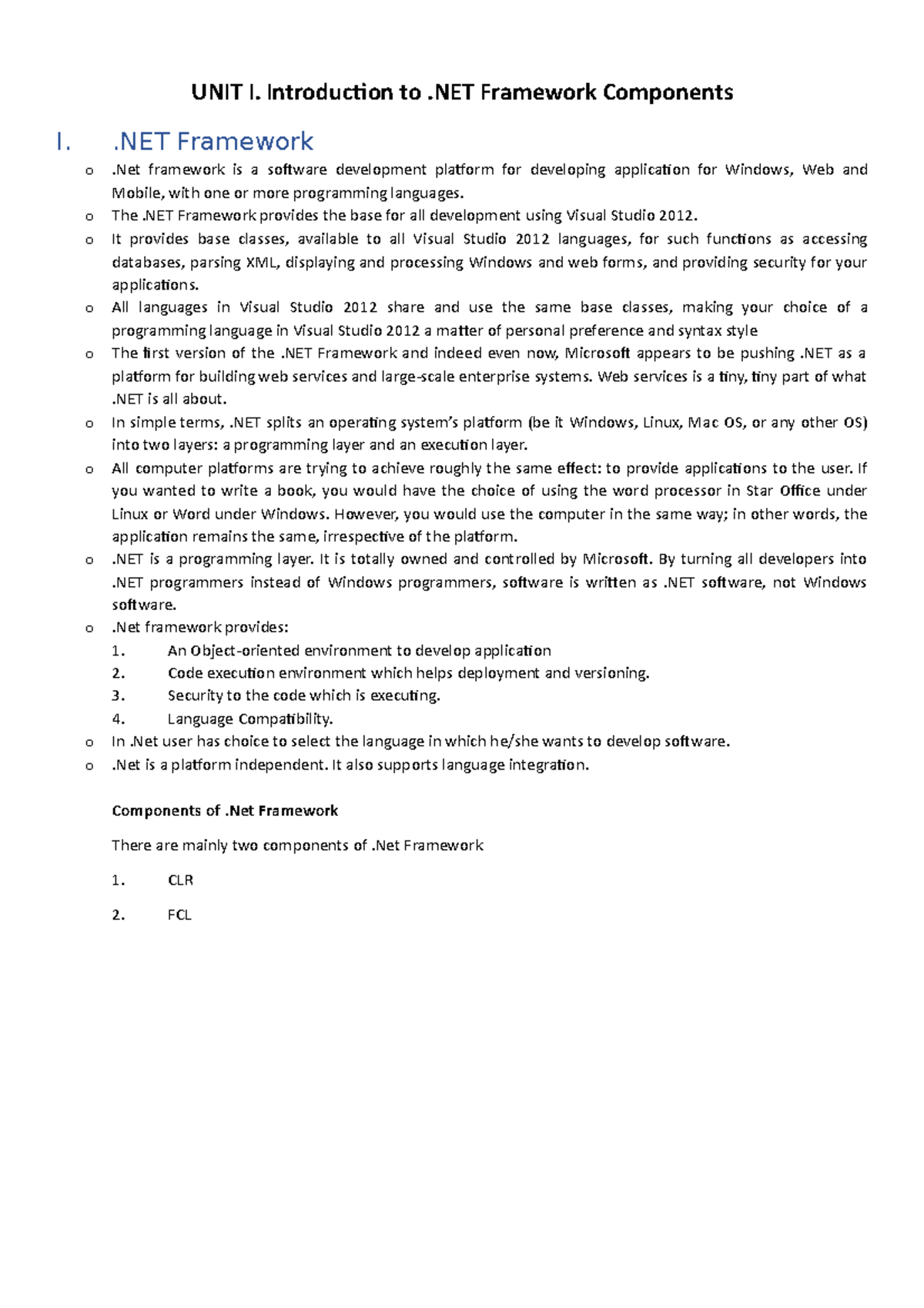 CPS - GAD UNIT 1 - UNIT I. Introduction to .NET Framework Components I ...