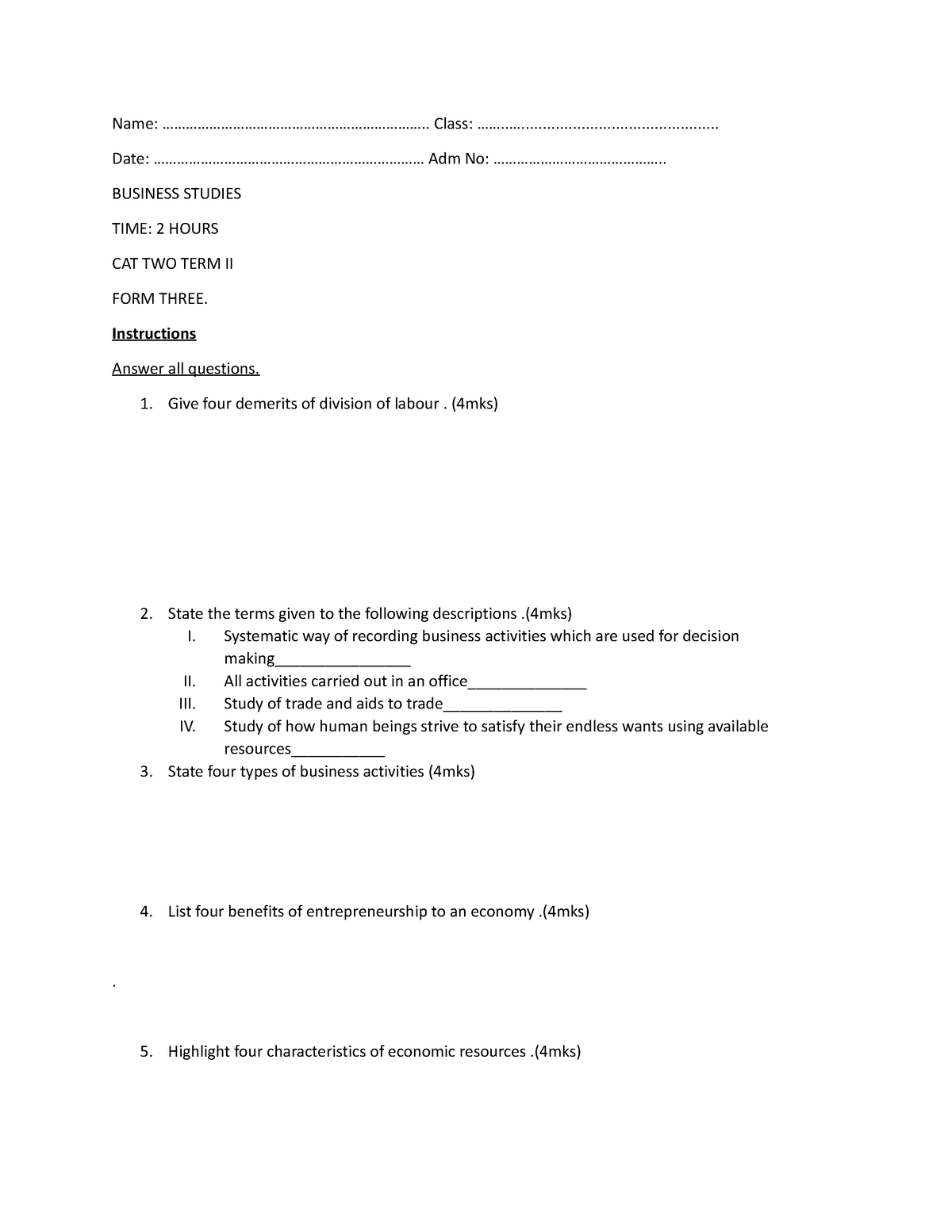 Business form three exams term 2 - Name: - Studocu