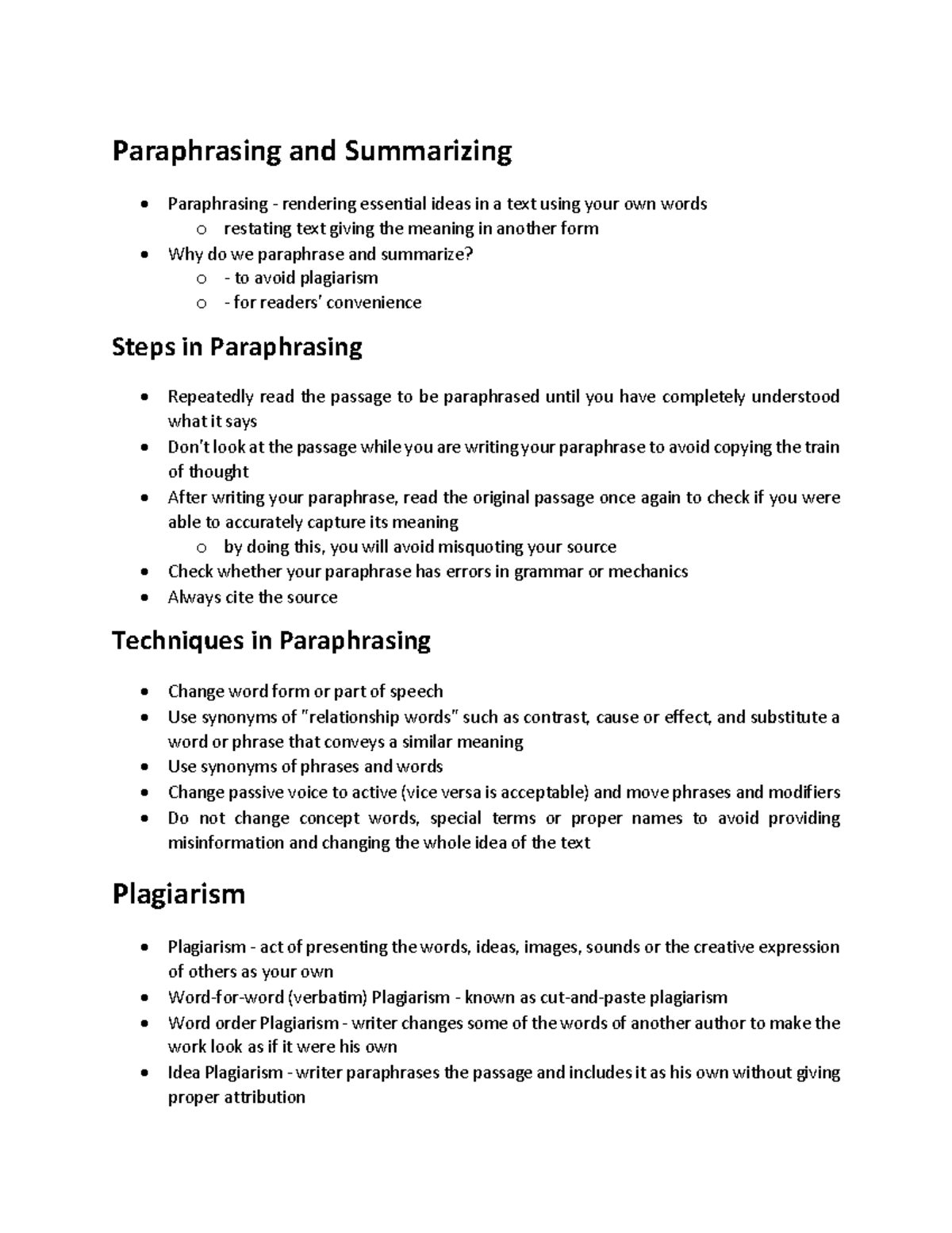 paraphrasing is to restating and summarizing is to