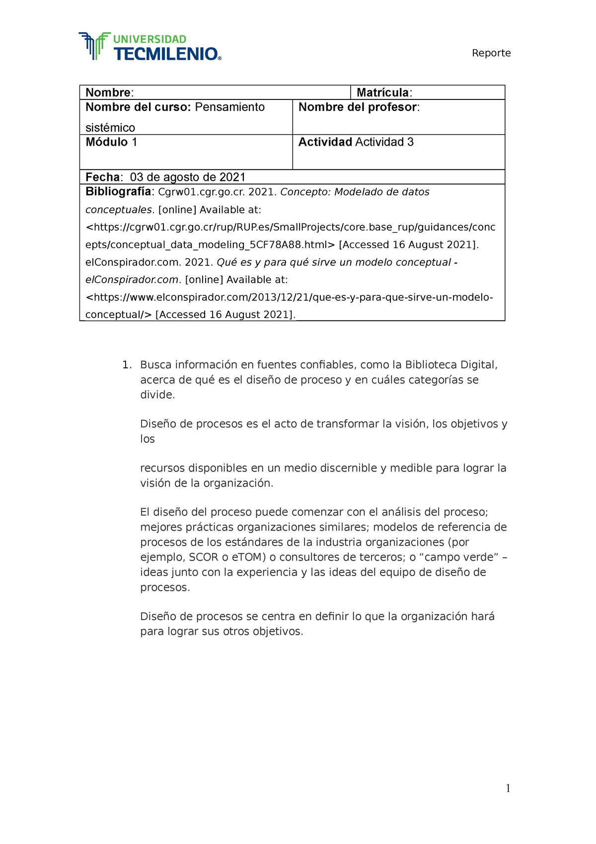 Actividad 3 Tec Reporte Nombre Matrícula Nombre Del Curso Pensamiento Sistémico Nombre Del