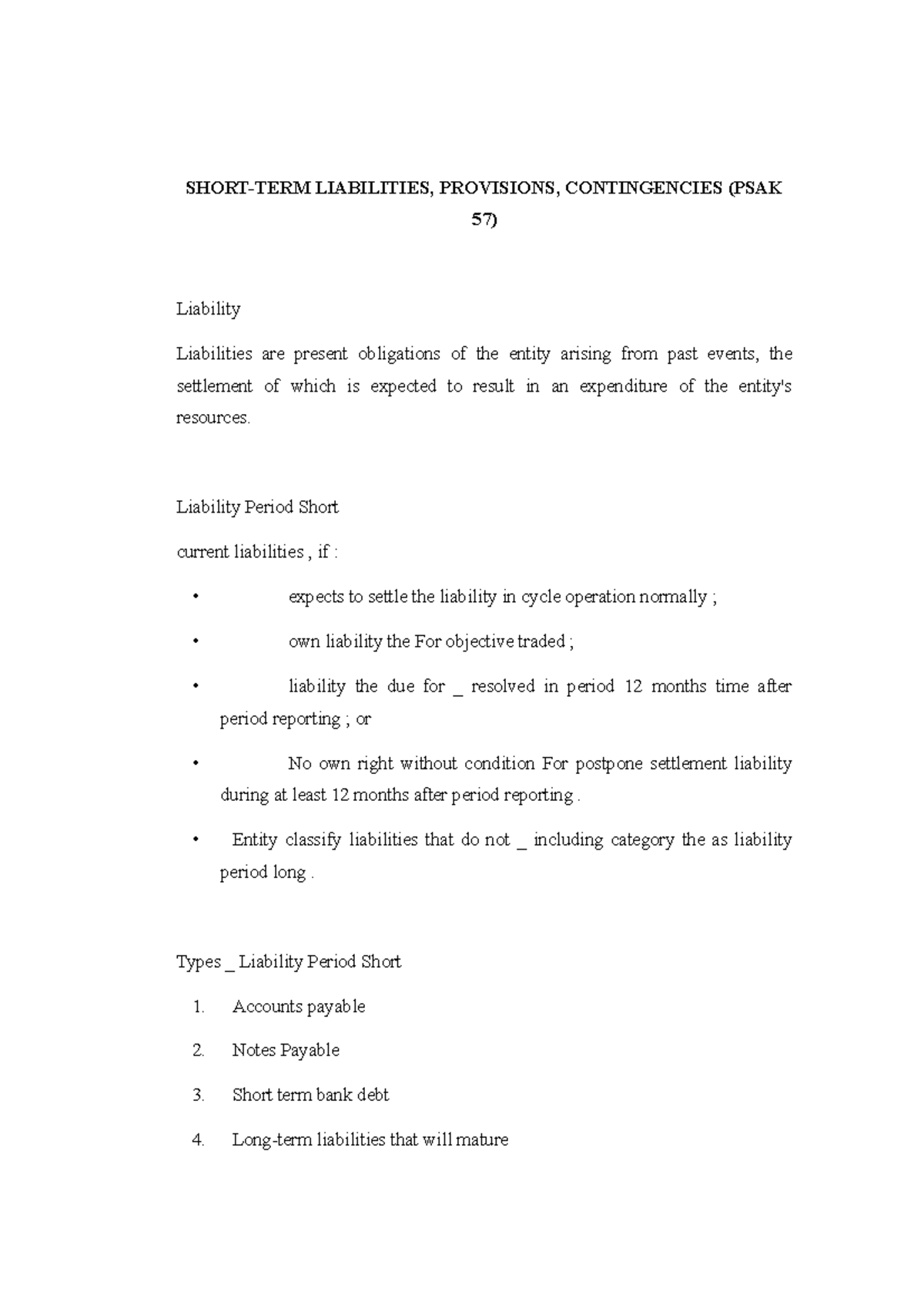 ShortTerm Liabilities, Provisions, Contingencies SHORTTERM