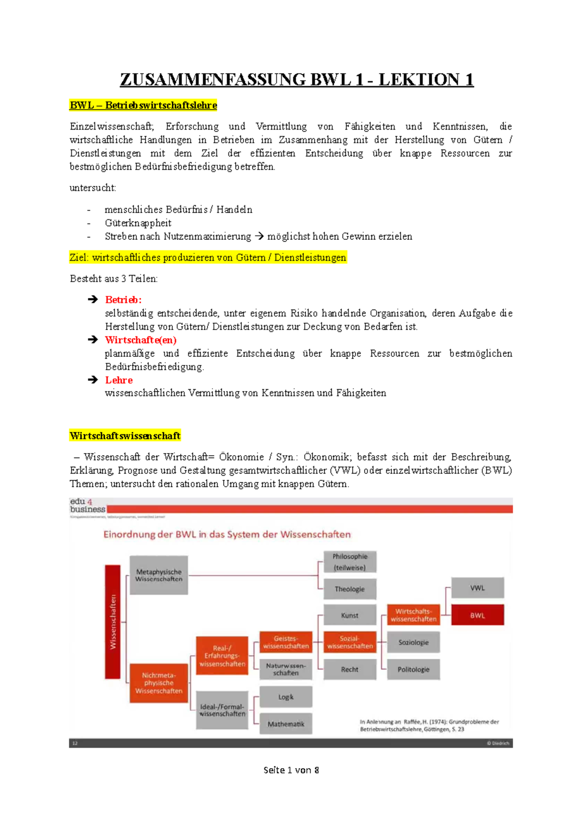 BWL 1 - Lektion 1 Zusammenfassung - ZUSAMMENFASSUNG BWL 1 - LEKTION 1 ...