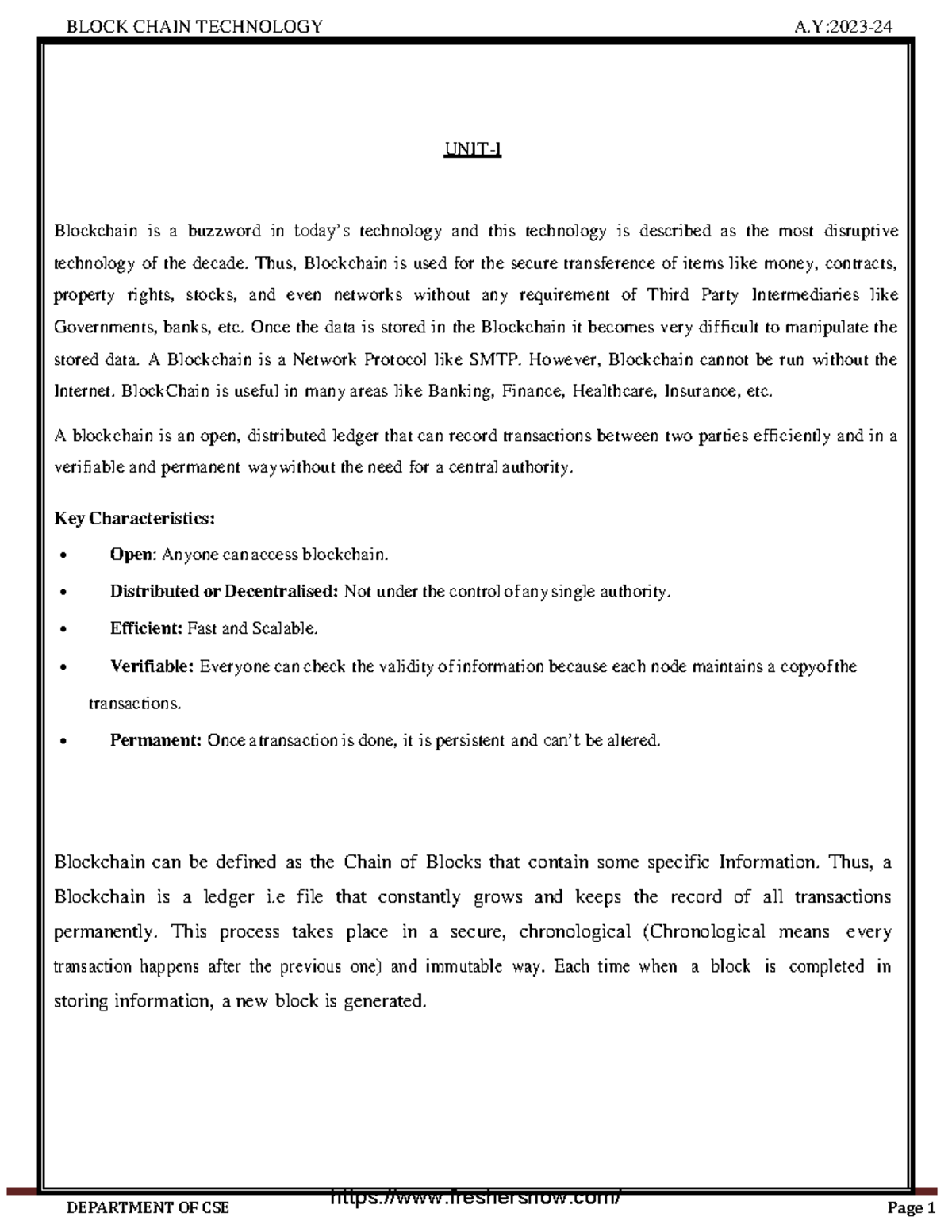 Jntuk R20 B.Tech CSE 4-1 Block Chain Technologies Unit 1 Note ...