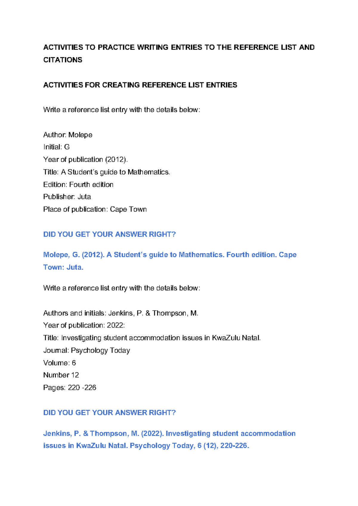 Activity WITH Answers - ACTIVITIES TO PRACTICE WRITING ENTRIES TO THE ...