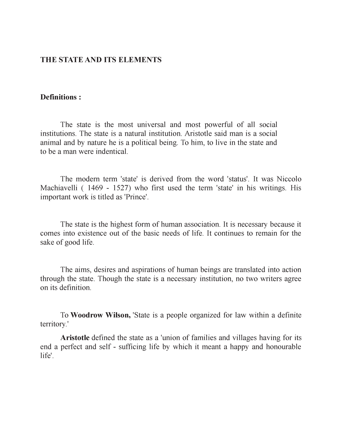 THE State AND ITS Elements - THE STATE AND ITS ELEMENTS Definitions ...