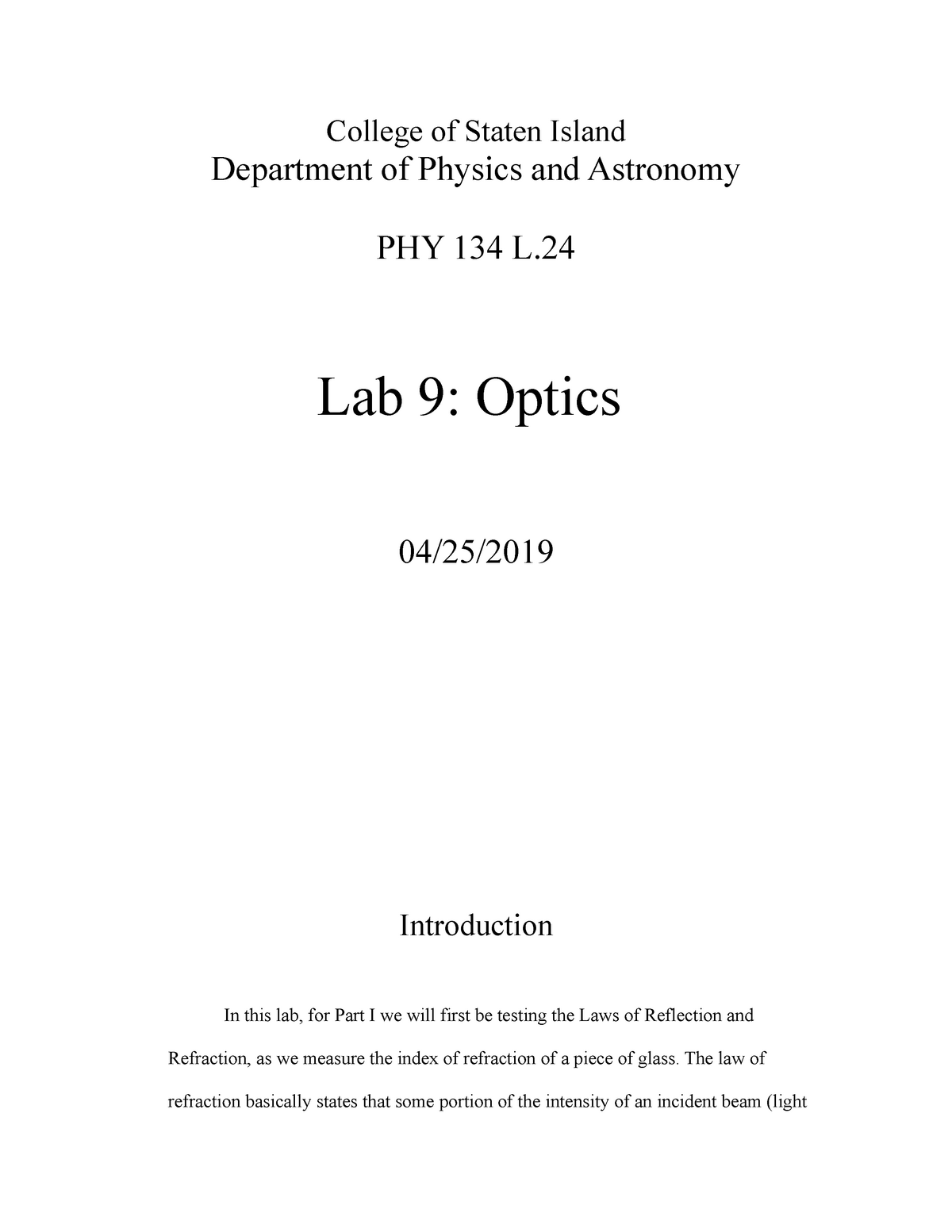 Phy 134 lab 9 lab 9 optics College of Staten Island Department of