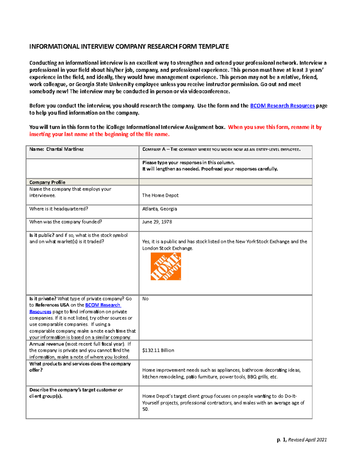Home Depot Communication Strategy Worksheet INFORMATIONAL INTERVIEW
