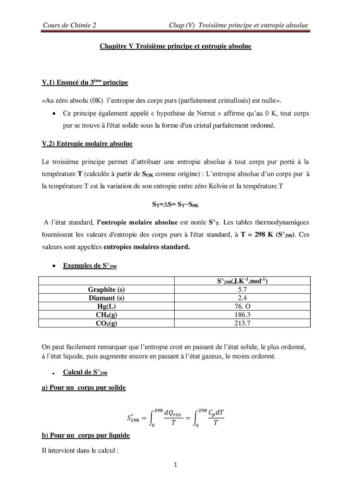 Chapitre 5 Chimie 2 - Cours De Chimie 2 Chap (V) Troisième Principe Et ...