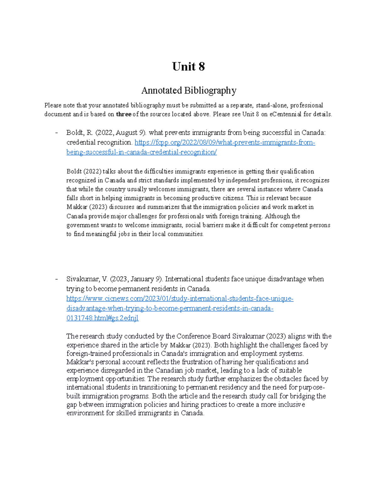 Annotated Bibliography - Please see Unit 8 on eCentennial for details ...