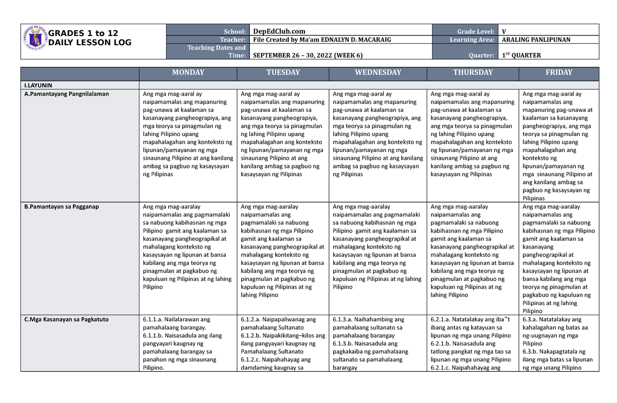 DLL Araling Panlipunan 5 Q1 W6 - GRADES 1 To 12 DAILY LESSON LOG School ...