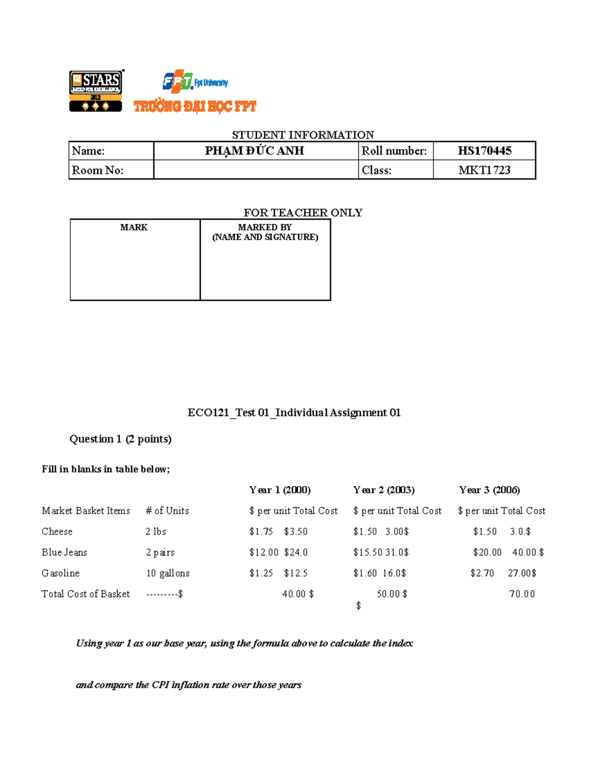 ECO121 Tests 1 - ádf - Macro Economics - FPT - Studocu