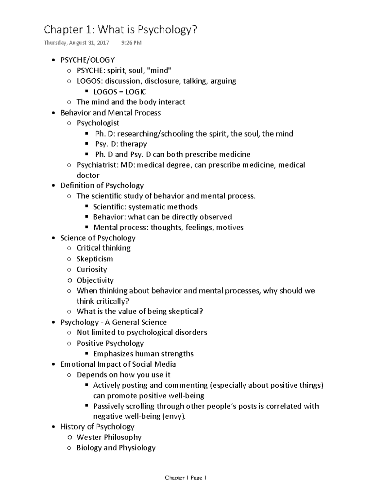 Chapter 1 What Is Psychology - Chapter 1: What Is Psychology? Thursday ...