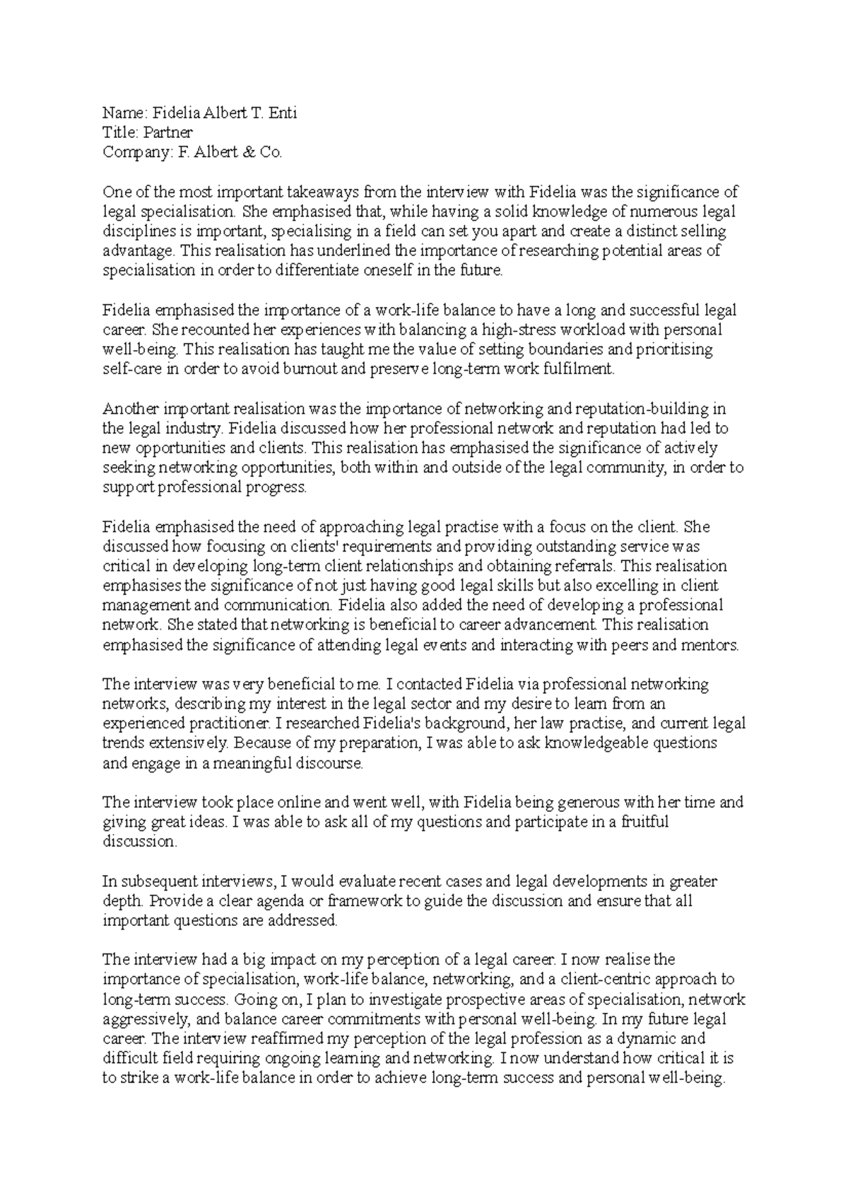 Informational Interview and reflection. - Name: Fidelia Albert T. Enti ...