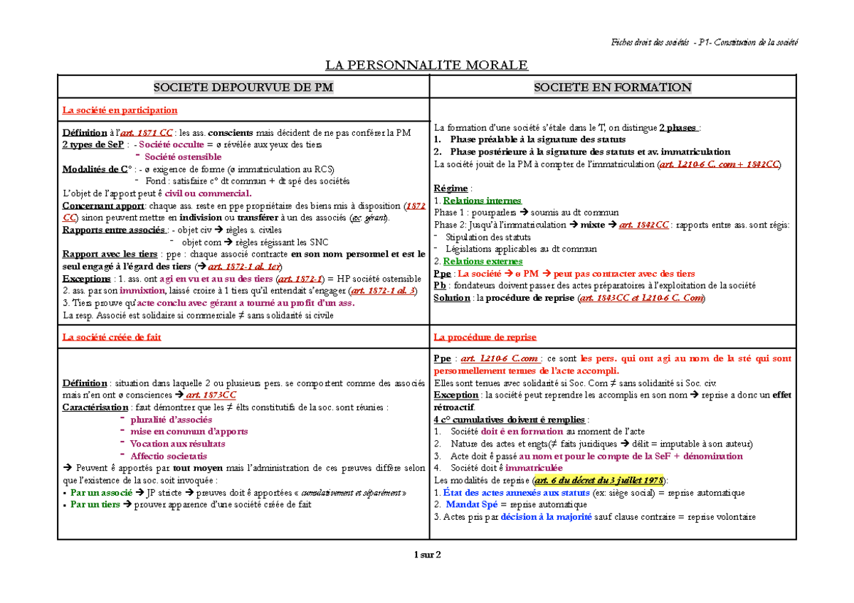 Fiche la personnalité morale - droit des sociétés - Fiches droit des