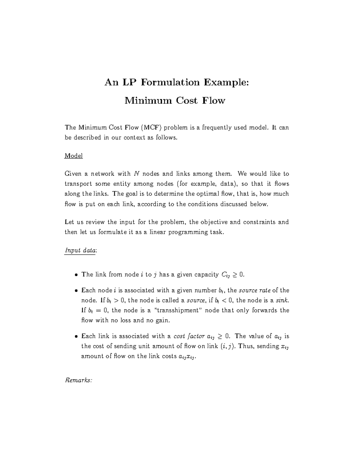 04 Mcflow - Lecture notes 4 - An LP Formulation Example: Minimum Cost ...
