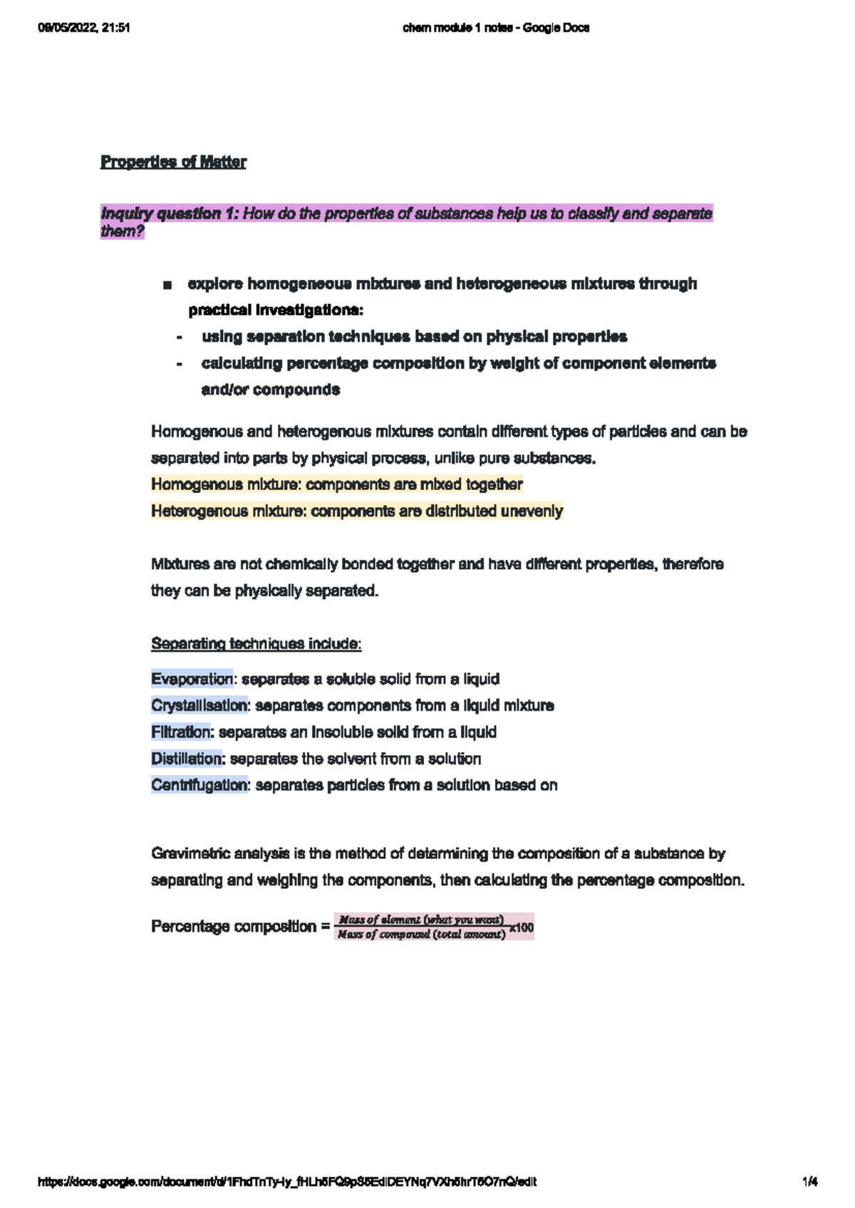 Chem notes module 1 - 21:51 chem module 1 notes Google Docs Properties of Matter Inquiry ...