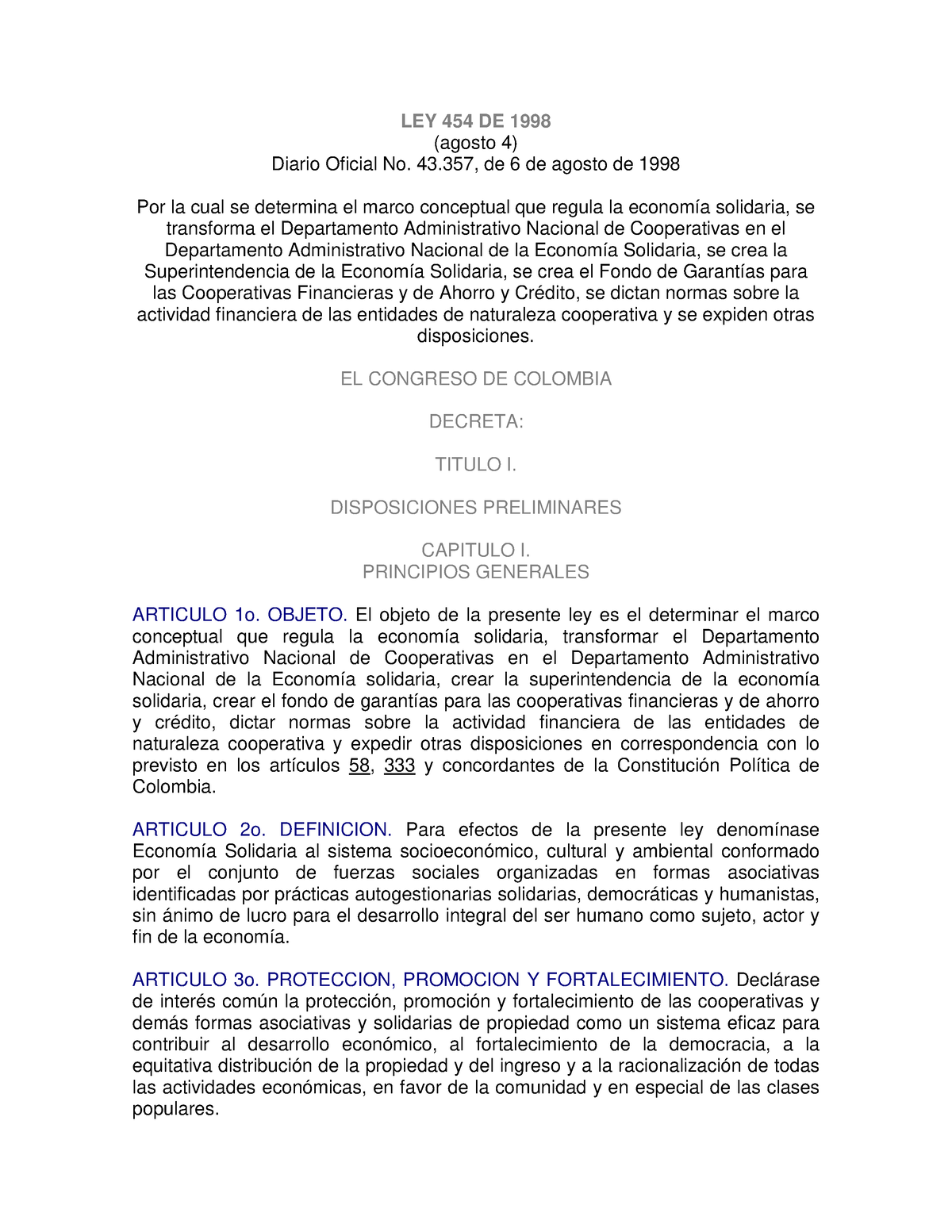 Ley 454 De 1998 - Ninguna - LEY 454 DE 1998 (agosto 4) Diario Oficial ...